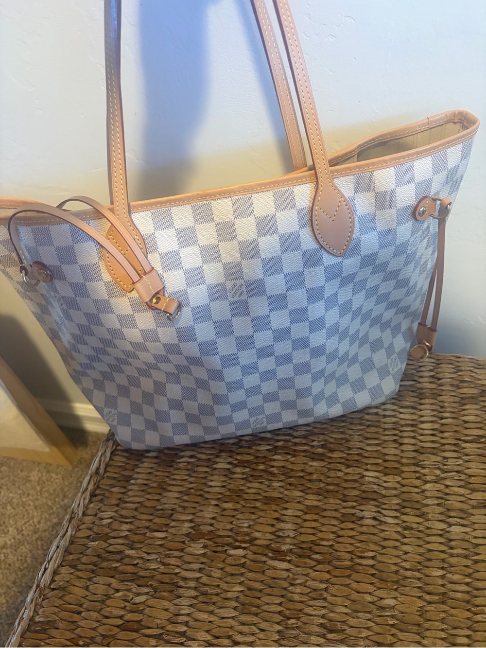 Louis Vuitton Damier Azur Canvas Tote with Natural Leather Trim/neverfull